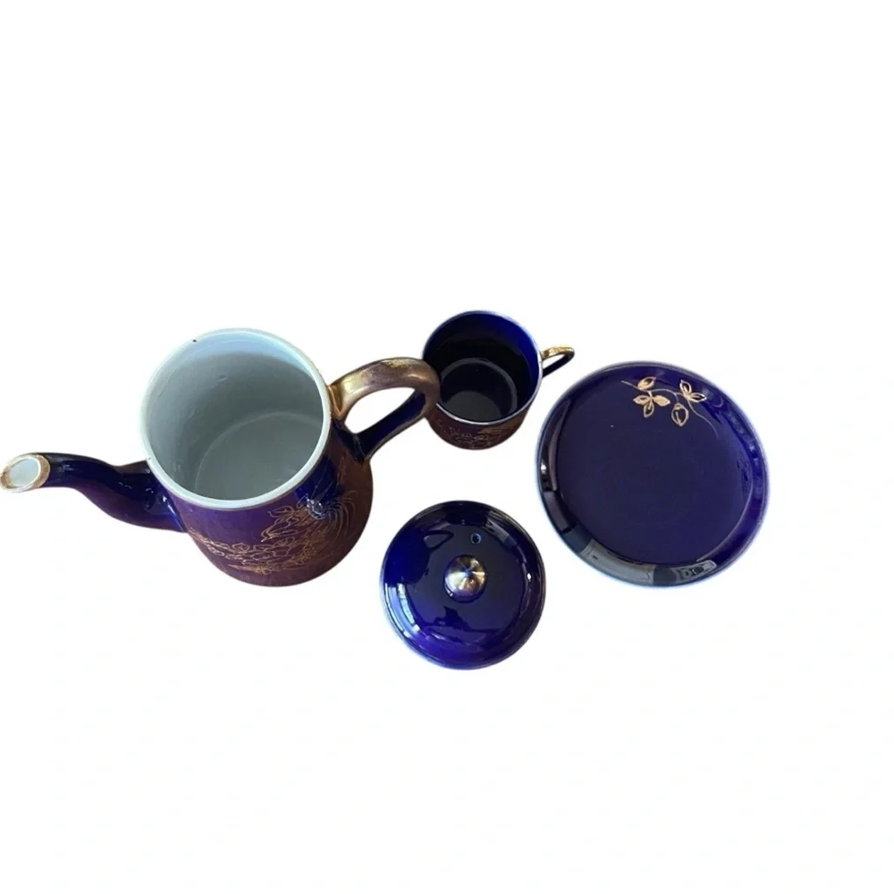 Chikaramachi Noritake Cobalt Blue Gold Bird Coffee Pot Cup Saucer Japan Vtg 40s